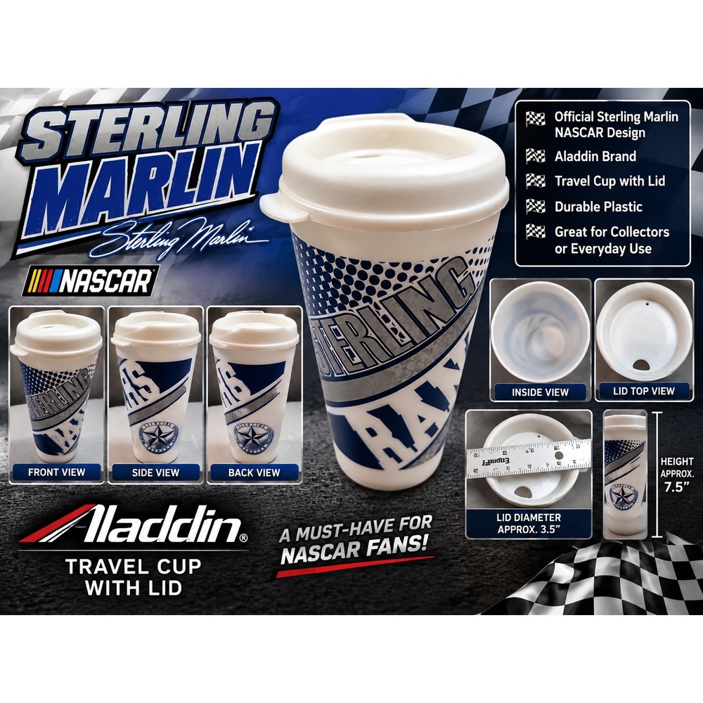 Aladdin NASCAR Sterling Marlin Travel Cup with Lid Blue White Plastic 7.5 inch